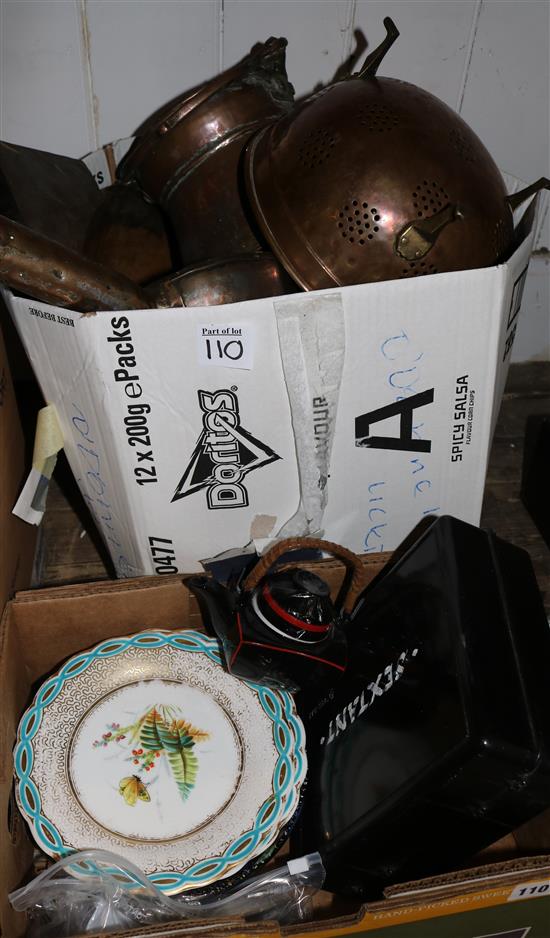 Box of old middle Eastern silvered wood & copper utensils & glassware etc.